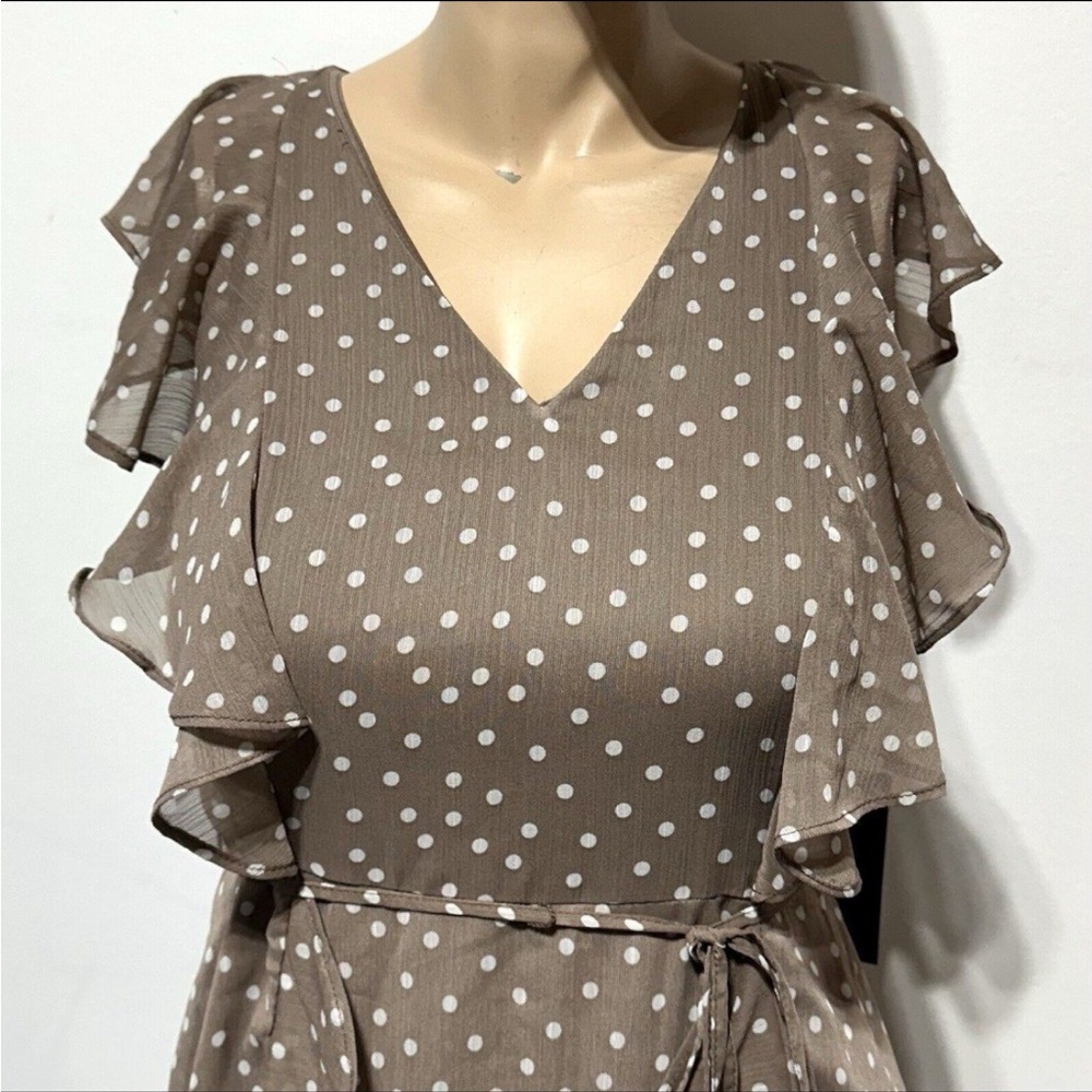Tommy Hilfiger Fit & Flare Ruffle Dress Polka Dot Tan Taupe Women’s Size 6 NWT